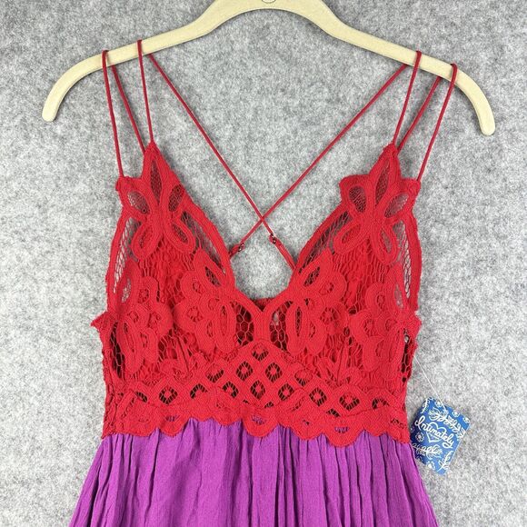 Free People Adella Lace Slip Dress Womens XS Lipstick Combo Purple Red Boho NEW - Picture 2 of 13